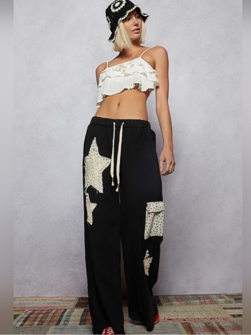 POL STAR PATCH WIDE LEG RELAXED FIT PANTS - MEDIUM